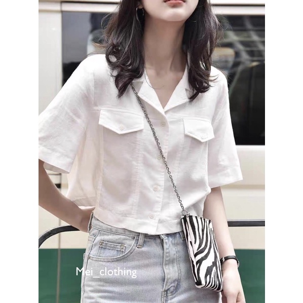 Áo sơmi croptop Hàn Quốc/ áo sơ mi cổ vest túi hộp