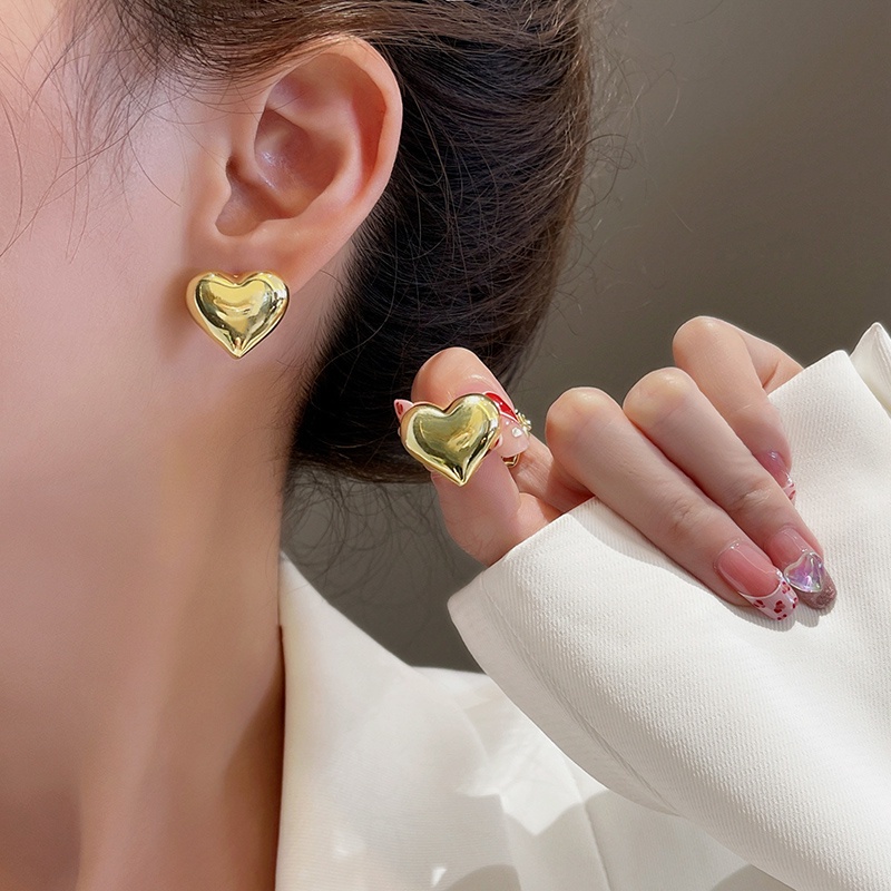 Bông Tai Hình Trái Tim Ba Chiều Bằng Kim Loại Cổ Điển Hàn Quốc Cho Nữ