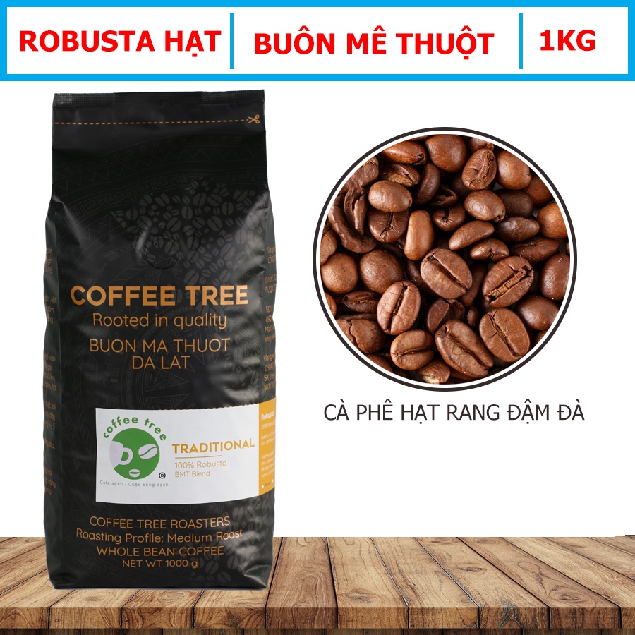 Cà Phê Hạt Robusta Buôn Mê Thuột Nguyên Chất 100% - CoffeeTree - 1Kg - Hương Thơm Nhẹ - Vị Đắng Vừa - Hậu Vị Ngọt