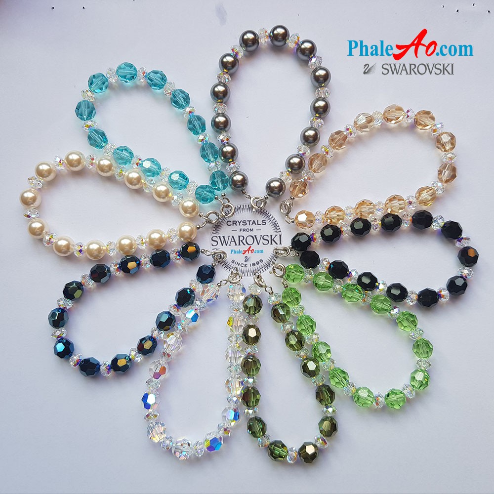 Vòng tay pha lê Swarovski hạt tròn 8ly classic bead 5000 & bánh cam 6ly briolette 5040, khóa bạc 925 (màu tùy chọn)