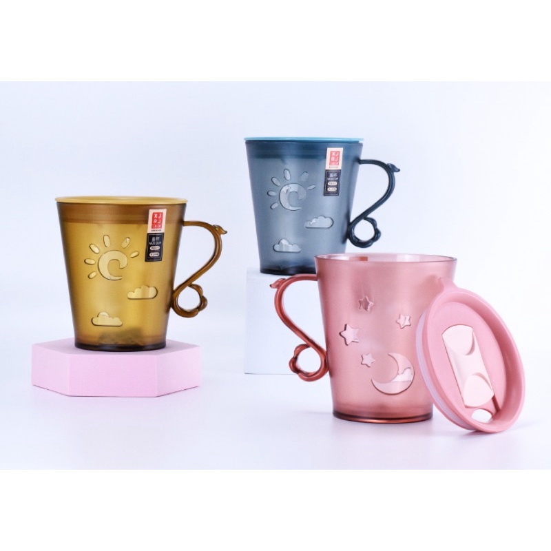 Ly, Cốc uống nước 2 lớp 480ml chịu nhiệt có quai kèm nắp kín chống tràn hàng nhập khẩu cao cấp