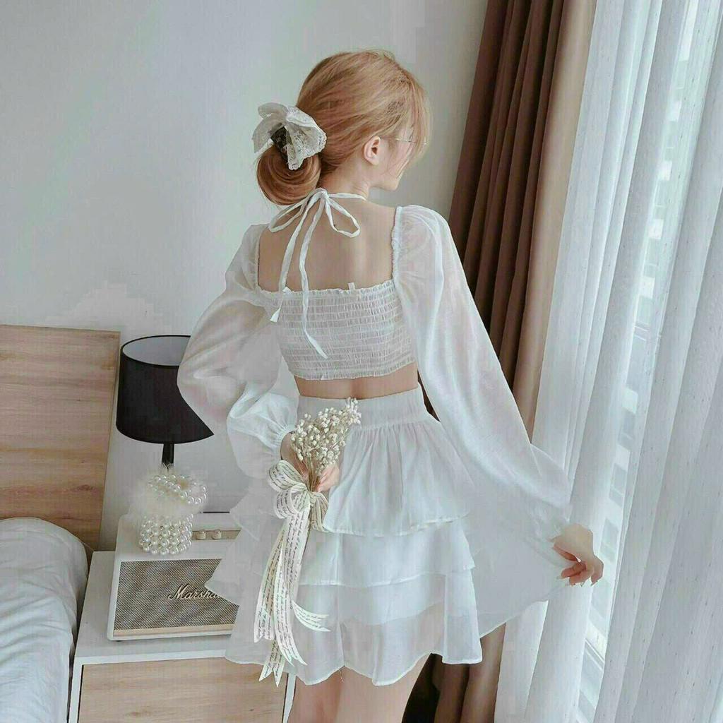 Đầm váy nữ tay dài dây vòng cổ nhún ngực, hở lưng quyến dũ họa tiết xếp tầng màu trắng dự tiệc dễ thương đi chơi