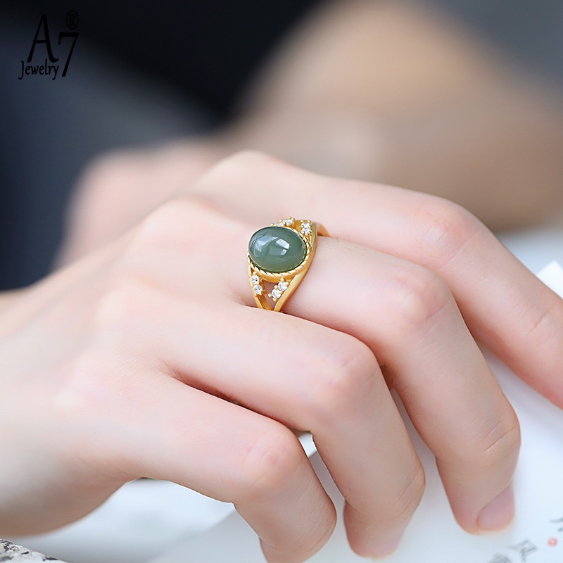 Nhẫn Mạ Bạc 925 Đính Đá Ngọc Bích Xám A7Jade