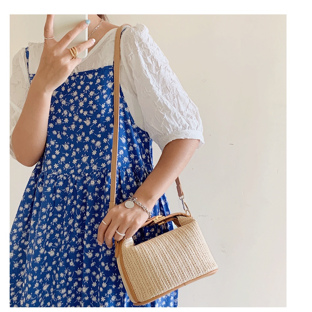 Túi Xách Cầm Tay Nữ Mini Thời Trang Cao Cấp Phom Vuông Cá Tính Họa Tiết Sợi Rơm Dệt Đẹp Mắt Đeo Chéo Đeo Vai Tiện Lợi