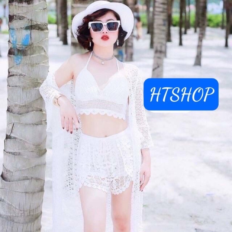 53-Set ren đi biển áo bra-áo choàng dài- quần sóc ren (có bán rời)