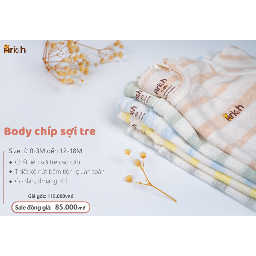 Bộ body chíp cộc tay vải sợi tre phối sọc Arich, sơ sinh  đến 18 tháng