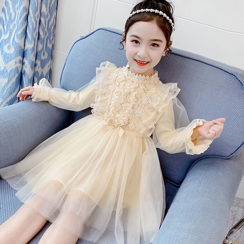 Đầm Phối Lưới Thời Trang Thu Đông Cho Bé Gái 3-14 Tuổi