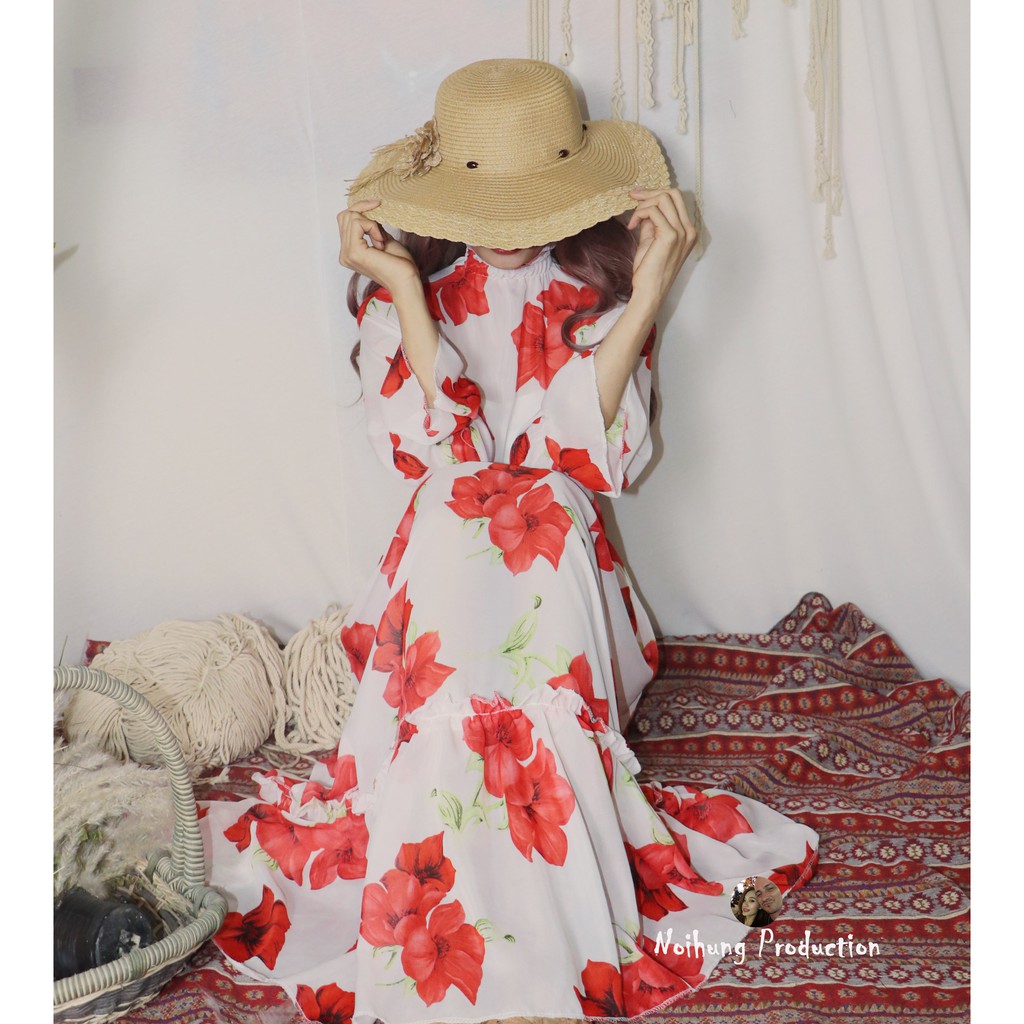 Đầm váy vintage ulzzang maxi dáng dài xòe đi biển họa tiết hoa đẹp rẻ midi bigsize voan chiffon
