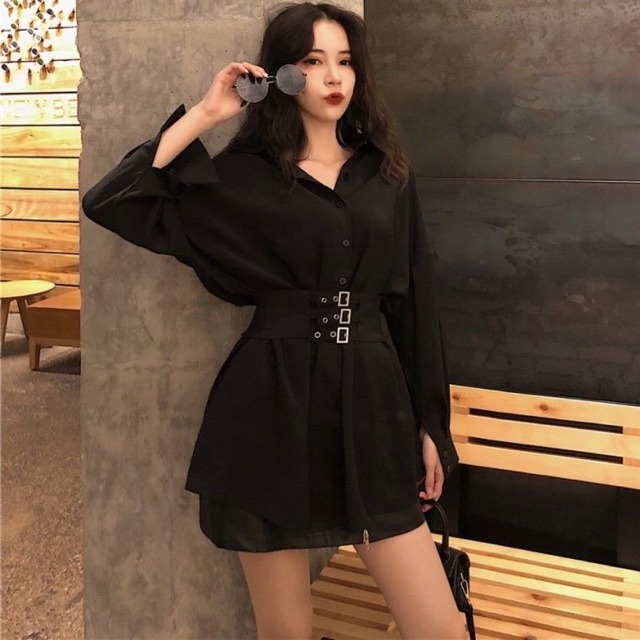 Áo Sơ Mi Dài Kèm Đai Thắt Eo Phong Cách