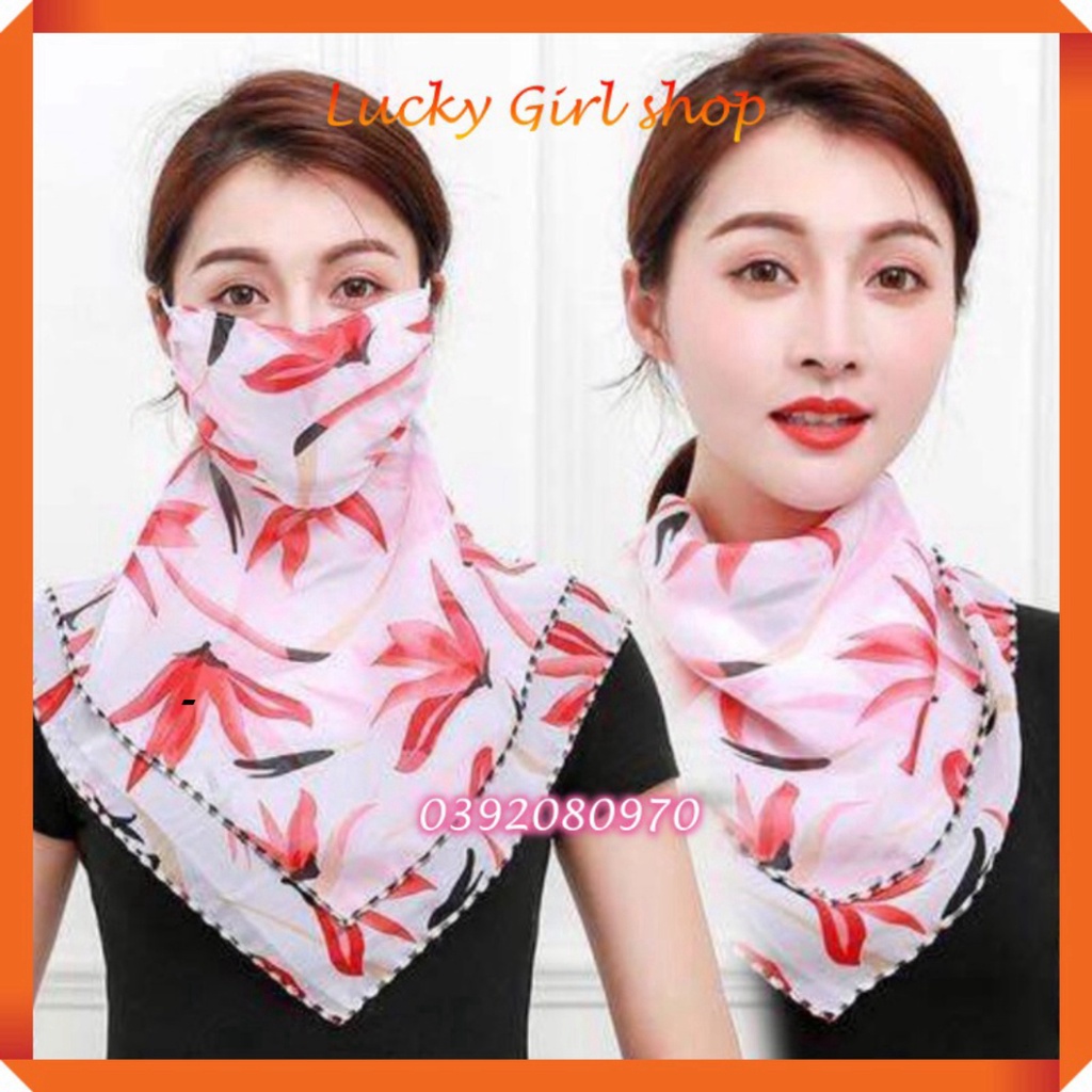 Khẩu Trang Chống Nắng Hàn Quốc/ Khăn Đa Năng Voan Tơ Mịn 2 Lớp Hoa Văn Xinh Xắn Dài 45cm Phong Cách Hàn Quốc