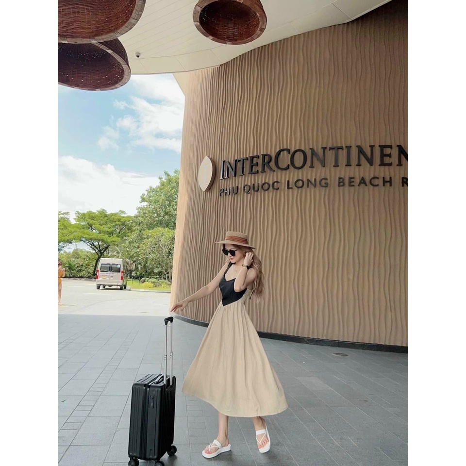Đầm ôm eo thiết kế cột dây vai mùa hè phong cách vintage, váy maxi đi du lịch chất lụa kate dày dặn