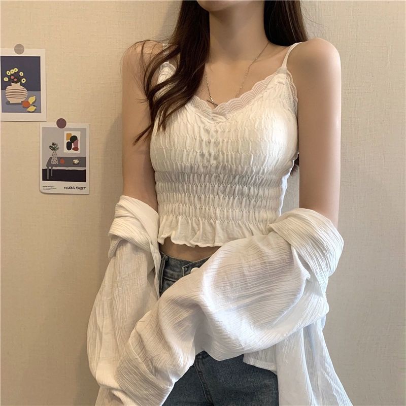 Áo Ba Lỗ Xếp Ly Ren Mẫu Mới ♡ Phụ Nữ Áo Quây Voan Màu Trắng ○ Ngắn Nhỏ Dây Đeo ♨ MặC Ngoài Tôn Dáng ❀ Đáy Quần Lót