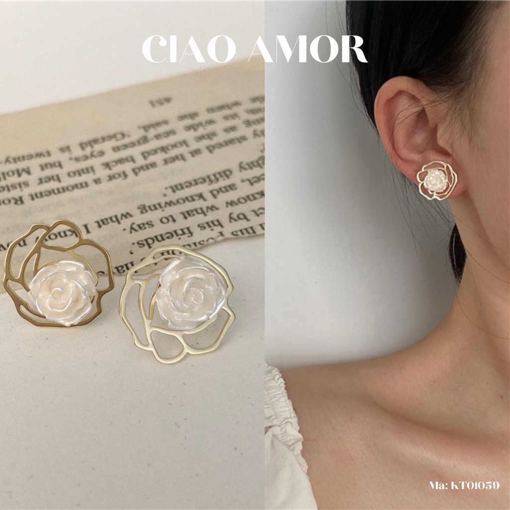Khuyên tai nữ, Hoa tai ngắn hoa trắng thanh lịch Trang sức Ciao Amor - KT0159