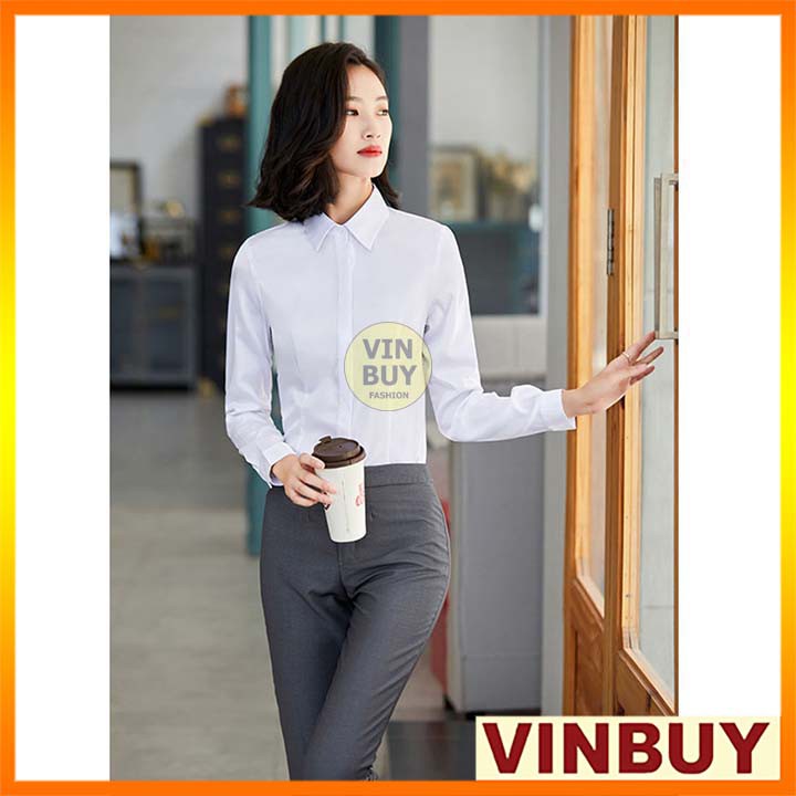 Áo sơ mi xanh tay dài nữ, có nẹp che nút thanh lịch, hợp thời trang VINBUY
