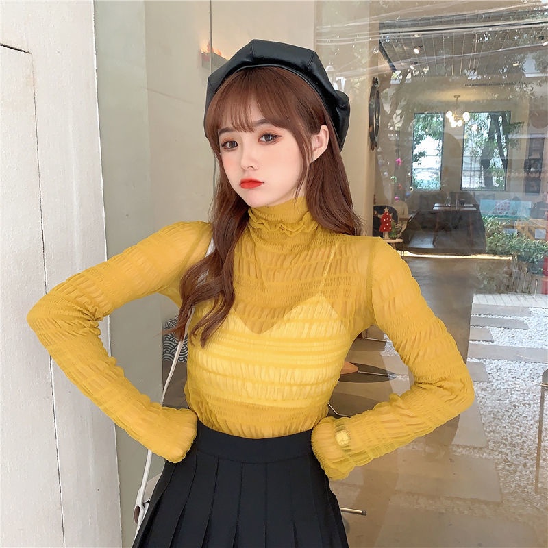 Áo thun tay dài cổ cao phối ren lưới màu trơn phong cách Hàn Quốc thời trang cho nữ