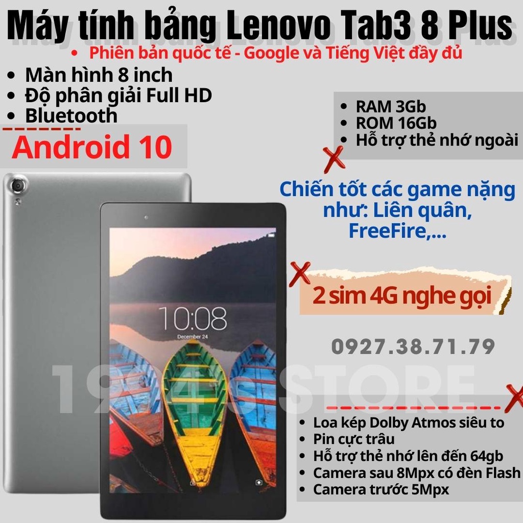 [Học Online - 2 Sim] Máy tính bảng Lenovo Tab3 8 Plus Lenovo 8703 -  8 inch - RAM 3Gb - Loa kép Dolby Atmos - Android 10