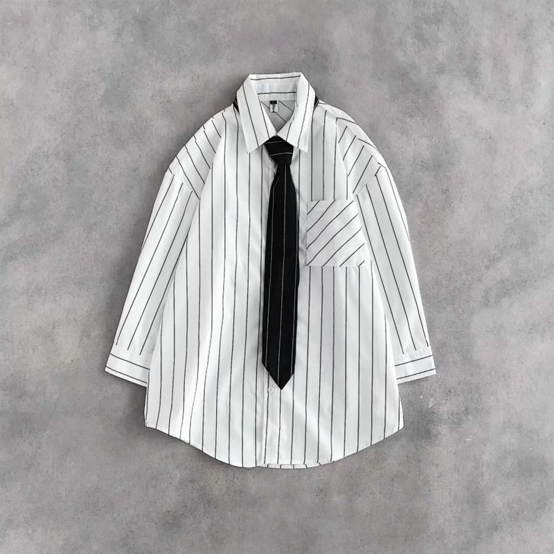 Áo Sơ Mi Tay Dài Kẻ Sọc Phối Cà Vạt Kiểu Harajuku Cá Tính Cho Nam | BigBuy360 - bigbuy360.vn
