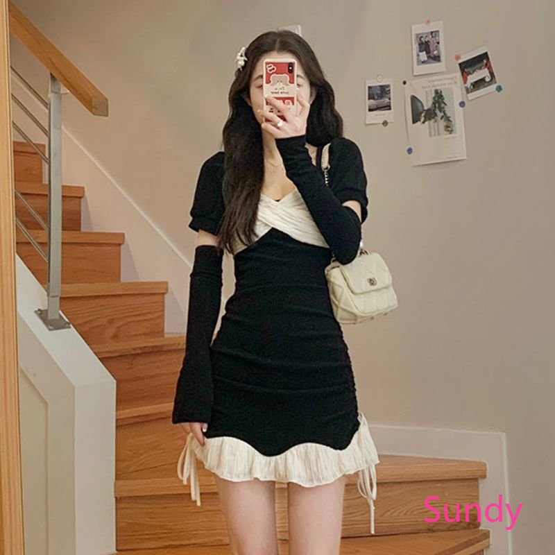 Đầm Ngắn Tay Phối Bèo Nhún Phong Cách Thu Đông Ngọt Ngào Cho Nữ