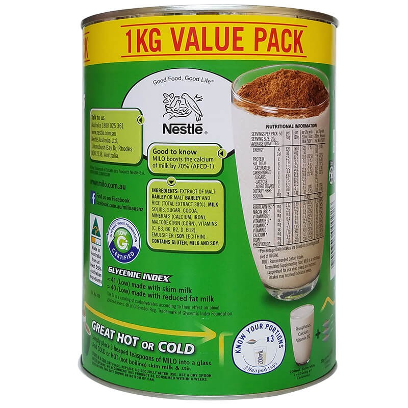 Milo úc 1kg dành cho trẻ 2 tuổi trở lên, giúp tăng chiều cao, hỗ trợ trí não, tăng cường thể lực,trí lực và sức đề kháng