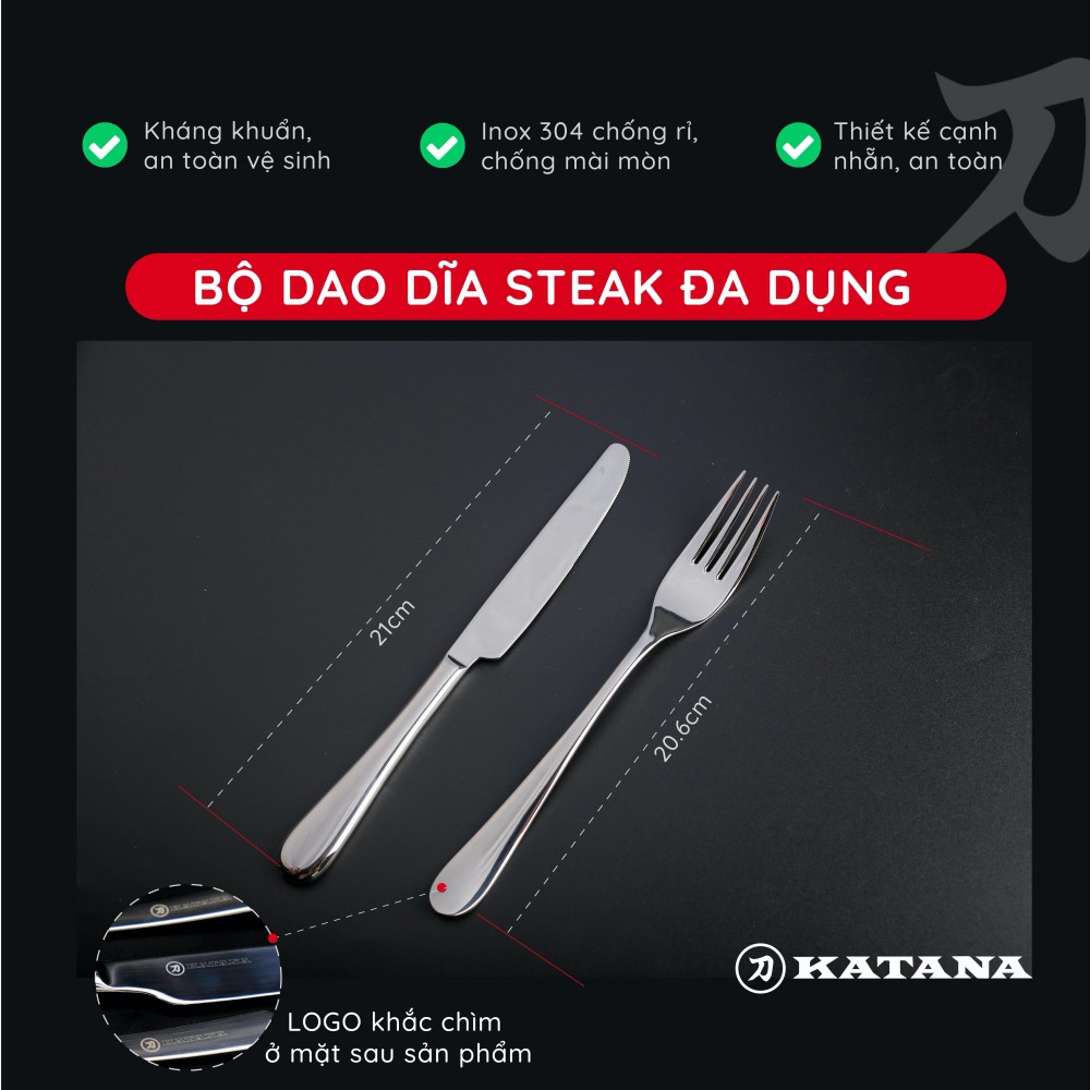 Bộ dao và dĩa beefsteak inox vân trơn KATANA Elegance VTK284 8 món