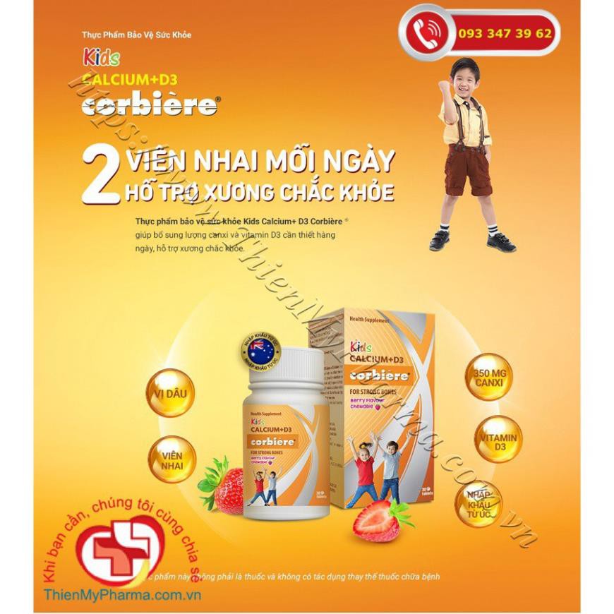 Kids Calcium + D3 Corbiere - Viên nhai bổ sung Canxi và D3 cho bé hương vị dâu (Lọ 30 Viên)