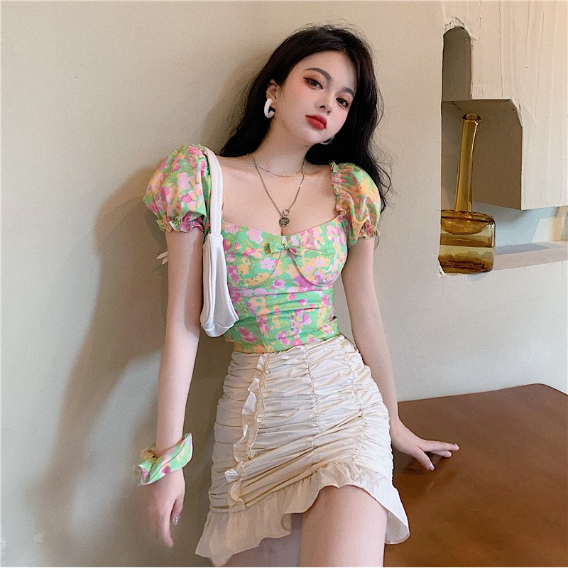 Áo Kiểu Chất Chiffon Phối Họa Tiết Hoa Xinh Xắn Thời Trang Theo Phong Cách Hàn Quốc