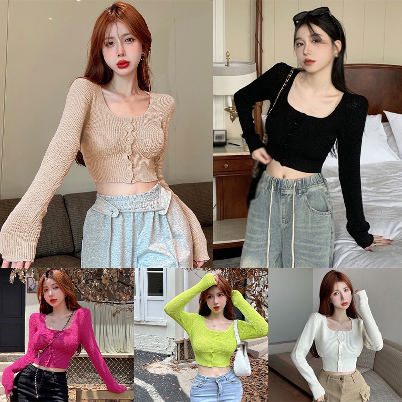 Áo Khoác Cardigan Dài Tay Cổ Vuông Màu Sắc Đơn Giản Thời Trang Hàn Quốc