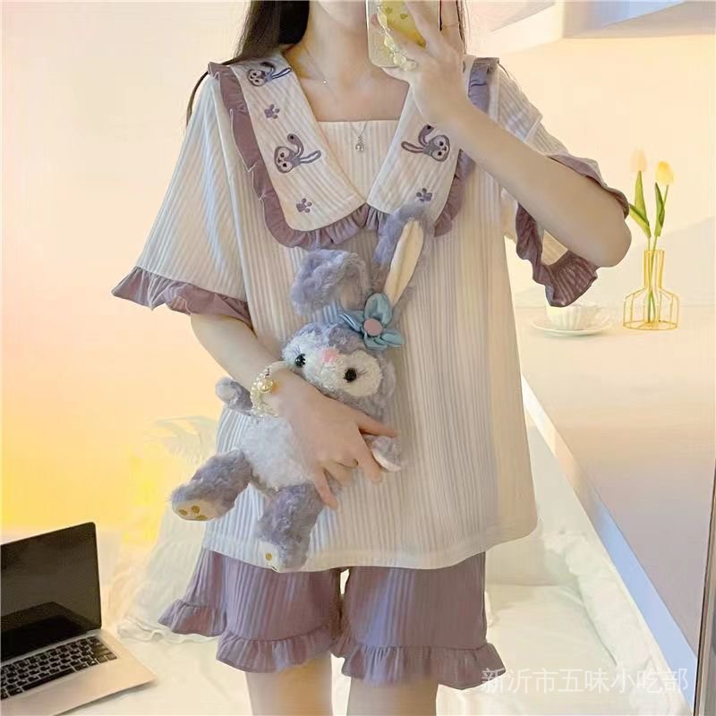Bộ Đồ Ngủ Tay Ngắn Cổ Búp Bê Phong Cách Nhật Bản Thời Trang Mùa Hè Xinh Xắn Cho Nữ