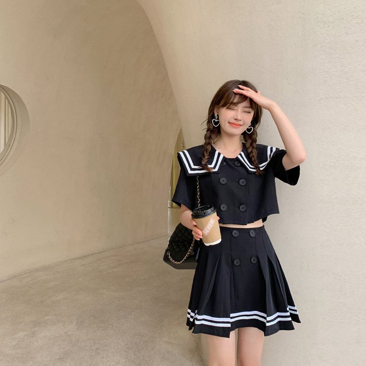 Set Bộ Áo Croptop Chân Váy Xếp Ly Thủy Thủ 2 Màu - SET ÁO THUỶ THỦ Cúc Cài MIX CHÂN VÁY PHA VIỀN Khóa Kéo