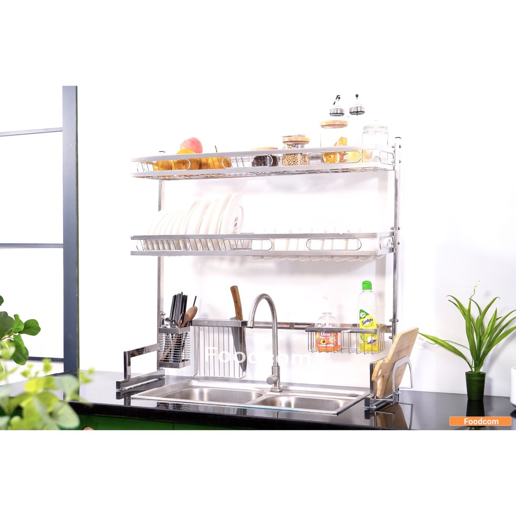 [Xuất Nhật] Kệ chén, sóng chén đa năng Foodcom, inox màu bạc cao cấp chống rỉ sét, dài 86-106cm,TẶNG KÈM khăn lau bếp