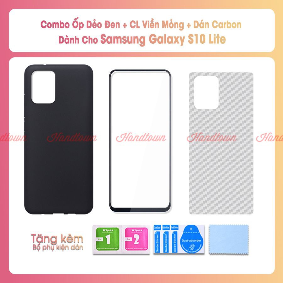 Combo Kính Cường Lực Viền Mỏng, Ốp Dẻo Đen và miếng dán lưng cacbon cho Samsung Galaxy S10 Lite