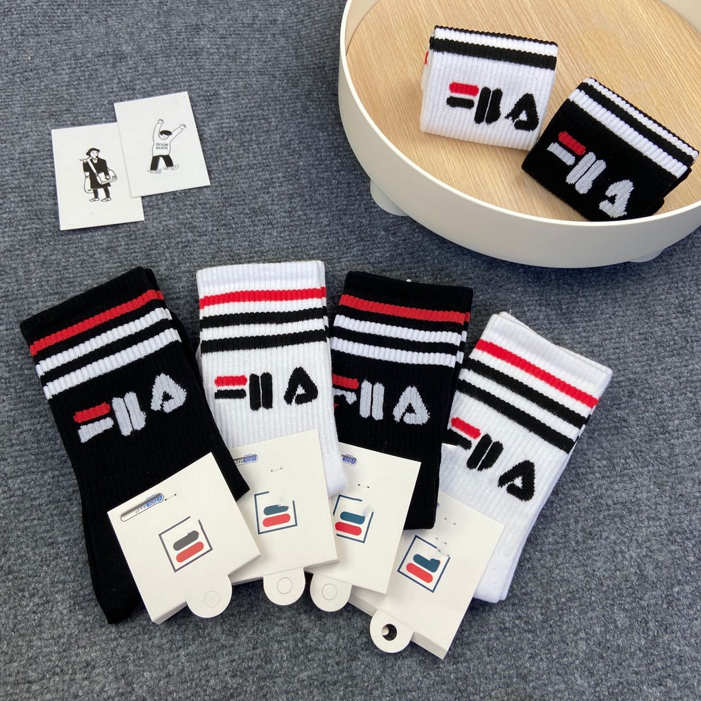 FILA Vớ Thể Thao Cotton Nguyên Chất Kẻ Sọc Trắng Đen Cho Cặp Đôi