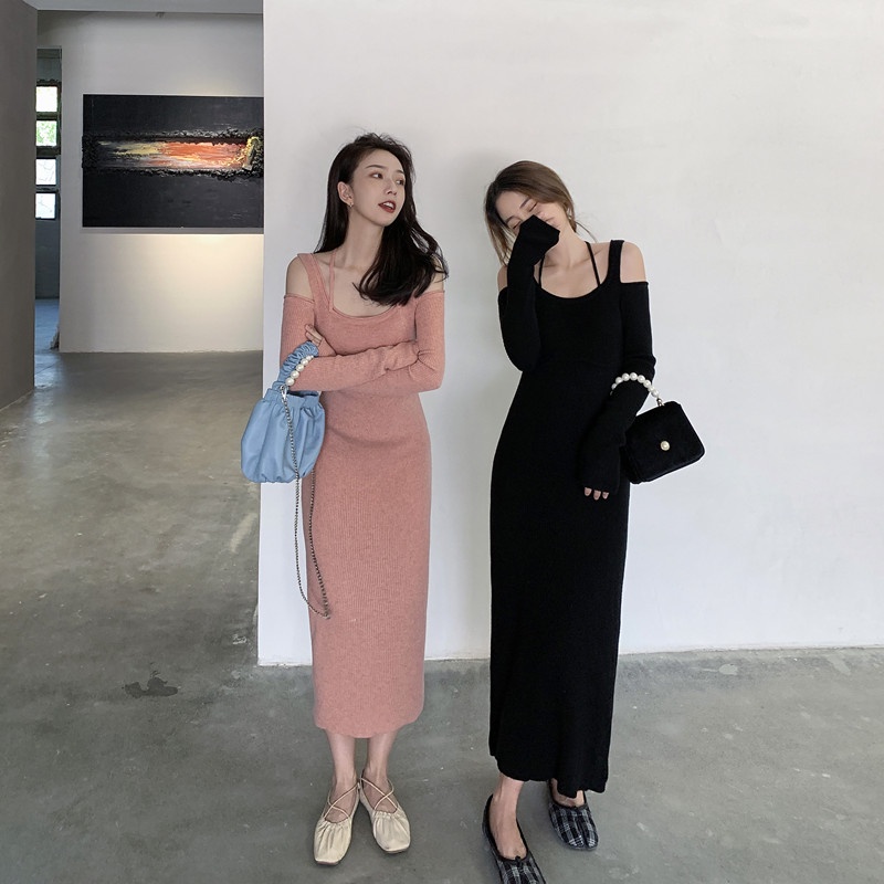 Đầm Dệt Kim Trễ Vai Cổ Cao Màu Trơn Thời Trang Mùa Thu Mới Cho Phái Nữ