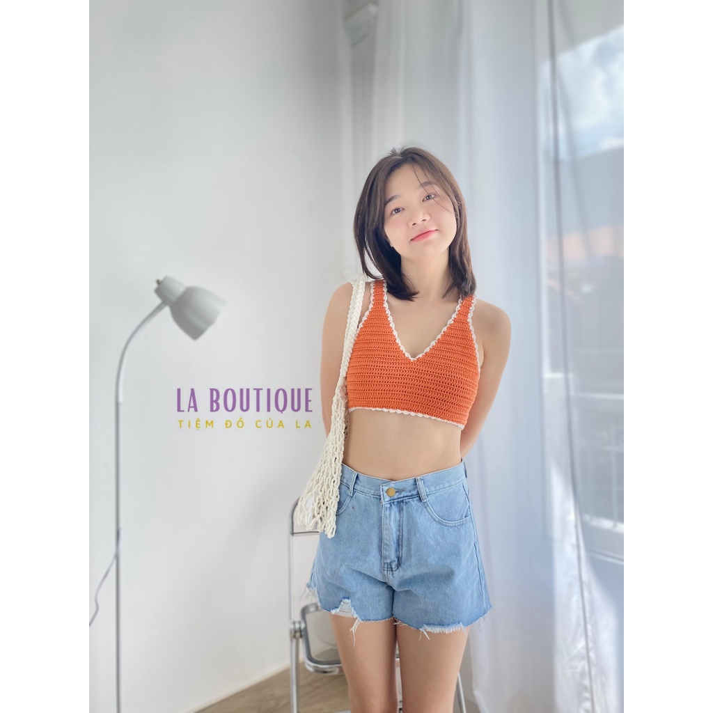 Áo Len Crochet Croptop 2 Dây Bản To Đan/Móc Handmade Hở Lưng Cột Dây La Boutique