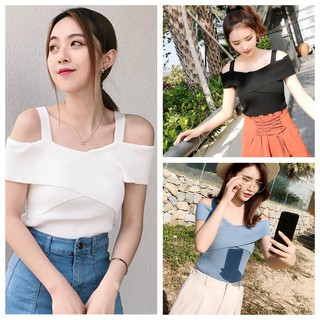 Áo Thun Trễ Vai Tay Ngắn Thiết Kế Dây Đan Chéo Trước Ngực Quyến Rũ