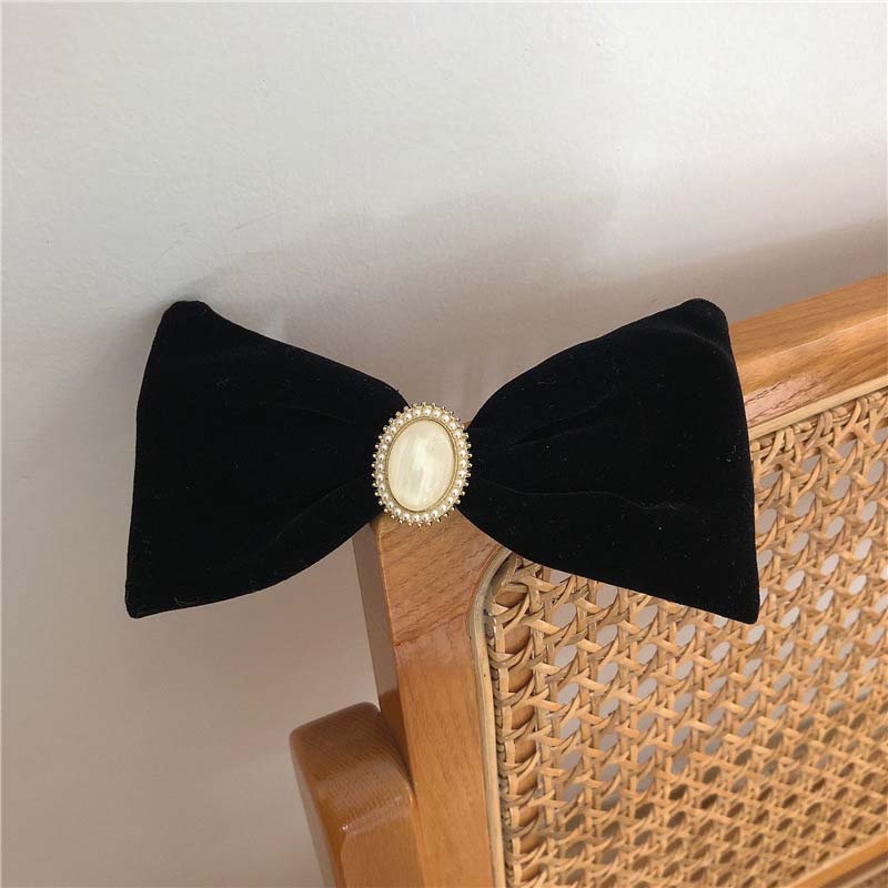 Kẹp Tóc Nơ Nhung Đen Đính Ngọc Trai Phong Cách Retro Cho Nữ