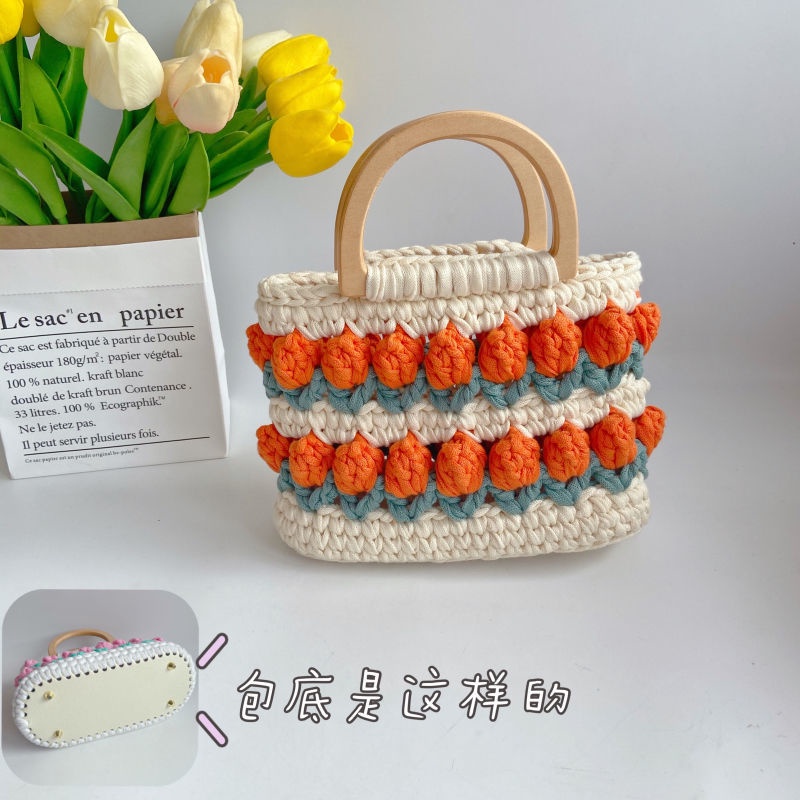 Vải sợi len móc túi xách hoa tulip tay xách bằng gỗ DIY