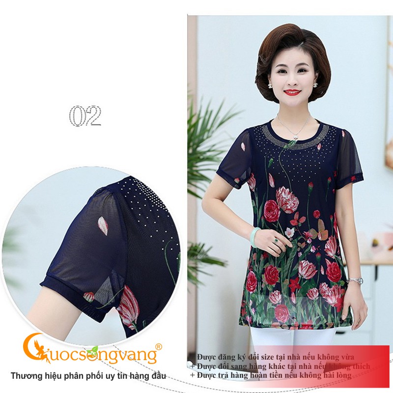 Áo kiểu trung niên big size in hoa áo nữ dáng dài đính cườm Queenbe GLA258 Cuocsongvang