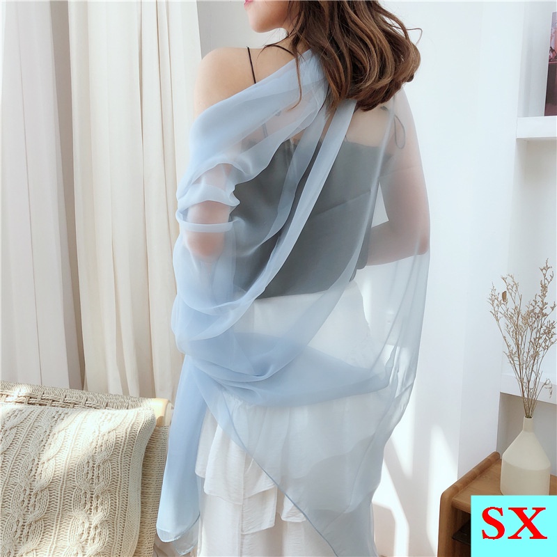 Khăn Choàng Lụa Chiffon Siêu Mỏng Nhẹ Màu Trơn Dáng Dài Chống Nắng / Bãi Biển Mùa Xuân Hè