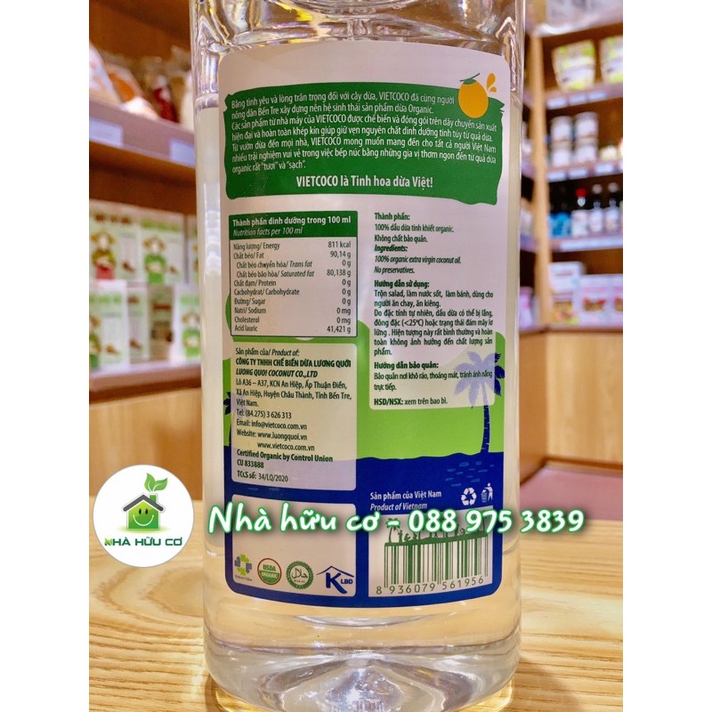 Dầu dừa hữu cơ ép lạnh VIETCOCO - CHAI 1 LÍT - Date: 2025 - Nhà Hữu Cơ