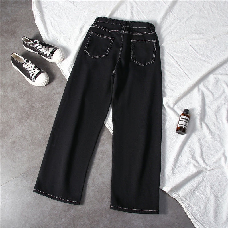 SUXI Quần Jean Dài Ống Rộng Lưng Cao Màu Đen Tôn Dáng Dễ Phối Đồ Cho Nữ
