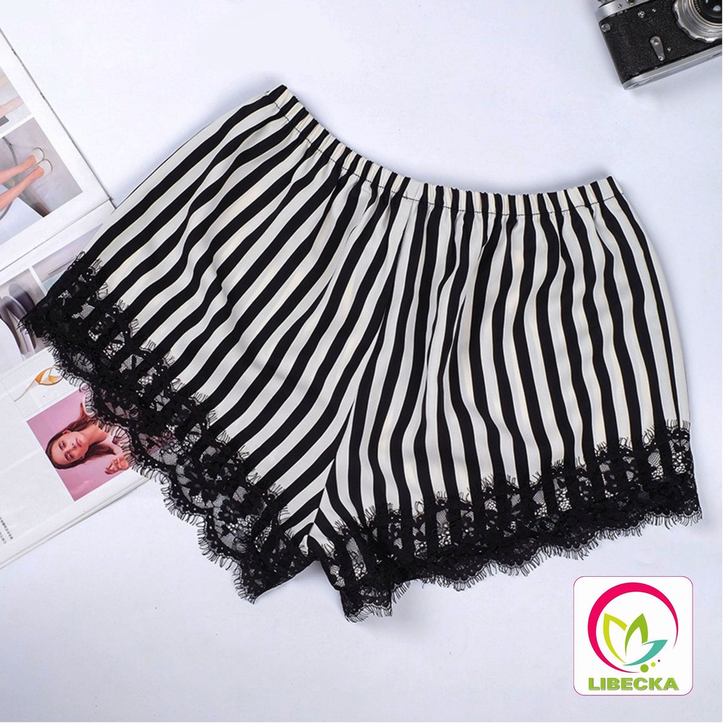 Bộ đồ ngủ Pijama nữ đẹp dễ thương quần đùi cộc áo hai dây viền Ren Sexy gọi cảm chât liệ Satin cao cấp LIBECKA BDN01