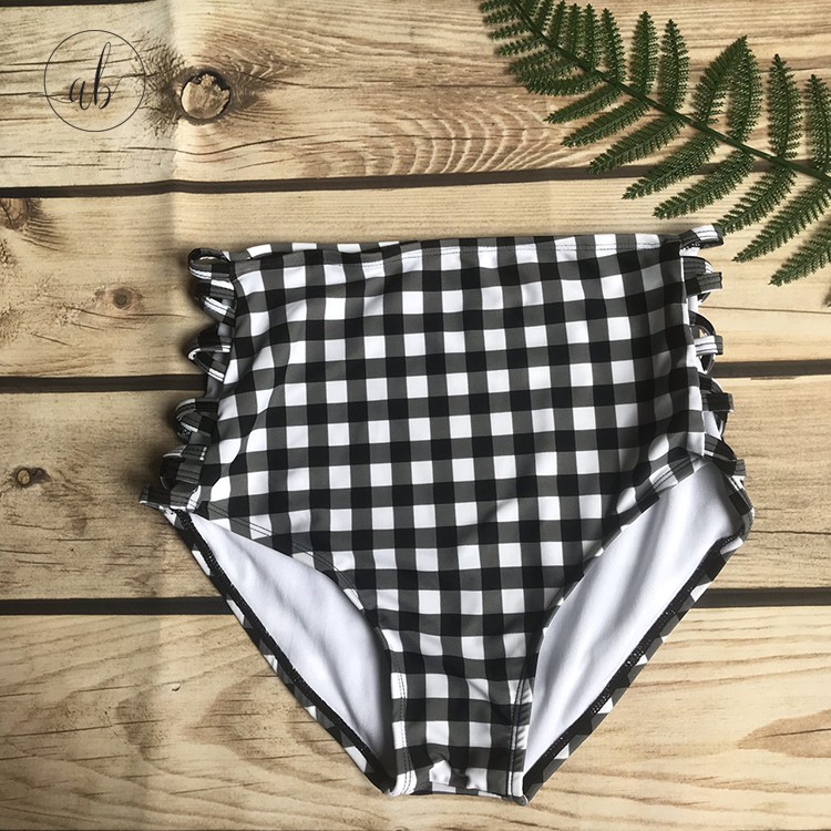 Bikini 2 mảnh quần cạp cao đan dây, áo cộc tay, caro đen trắng khỏe khoắn, thời trang (Freesize 40-55kg)