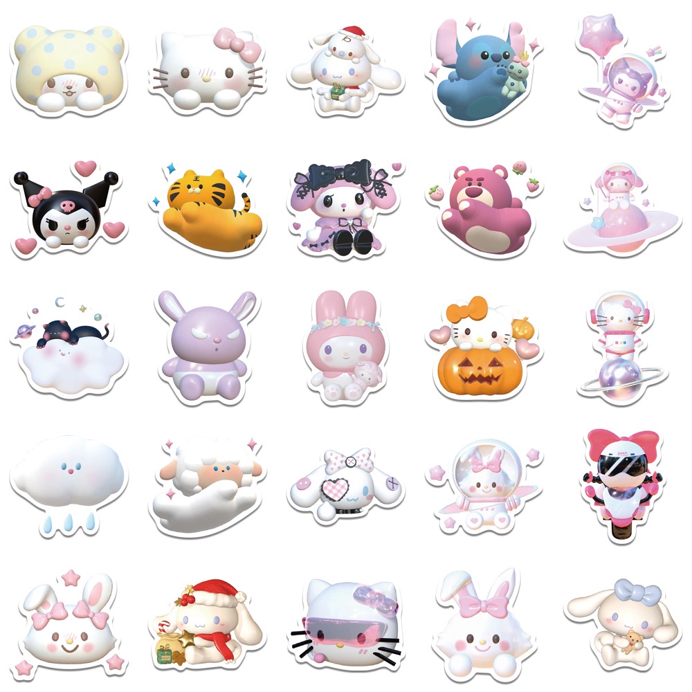 Bộ 51 Miếng Dán 3D Hình Sanrio Hellokitty Mymelody Kuromi Dễ Thương