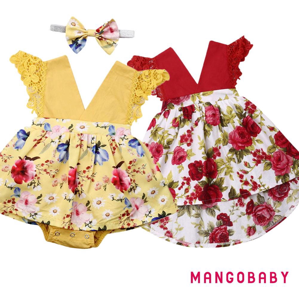 ♬MG♪-Baby Girl Infant Flower Bodysuit+Headwear Or Sleeveless Pop Dress Outfit Cotton Girls Summer Wear