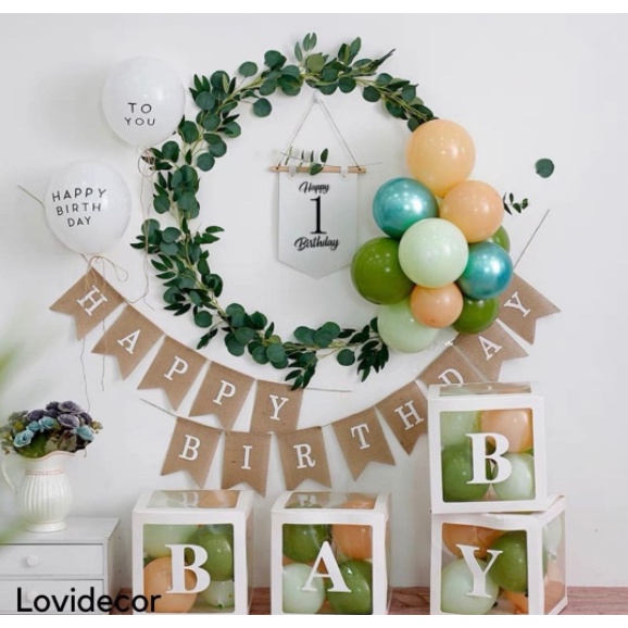 (Tặng móc treo) Banner in happy birthday số tuổi sinh nhật kèm lá decor Hàn Quốc Phụ kiện trang trí sinh n