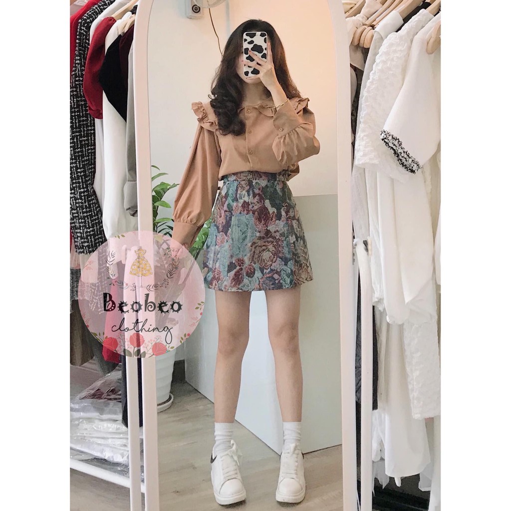 Set áo cổ sen tay phồng kèm chân váy hoa chữ A vintage