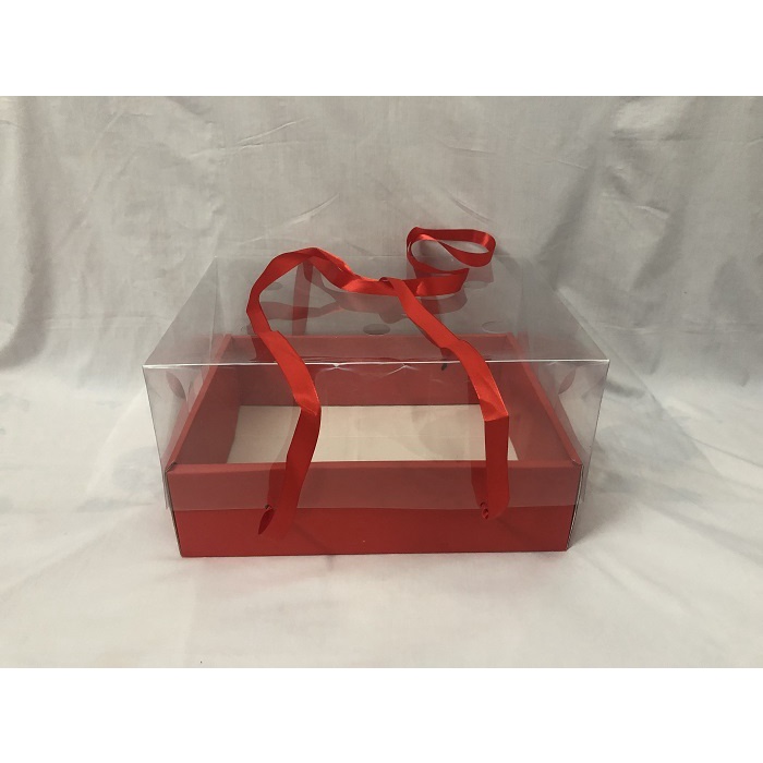 Hộp để trái cây/quà tặng màu đỏ nắp mica/mặt kiếng có quai xách kt 36x28x16,5cm/hộp