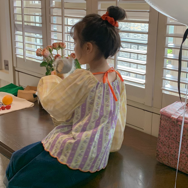 Áo Sơ Mi Chiffon Cổ Tròn Thắt Nơ Sau Lưng In Họa Tiết Hoa Phong Cách Hàn Quốc Thời Trang Xuân Thu Cho Bé Gái