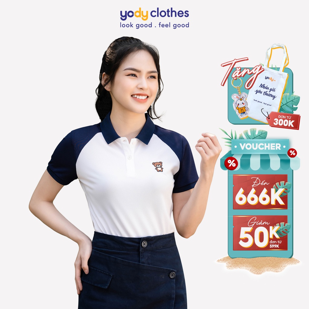 Áo polo nữ YODY họa tiết hình gấu vải mắt chim cao cấp thoáng mát APN5326